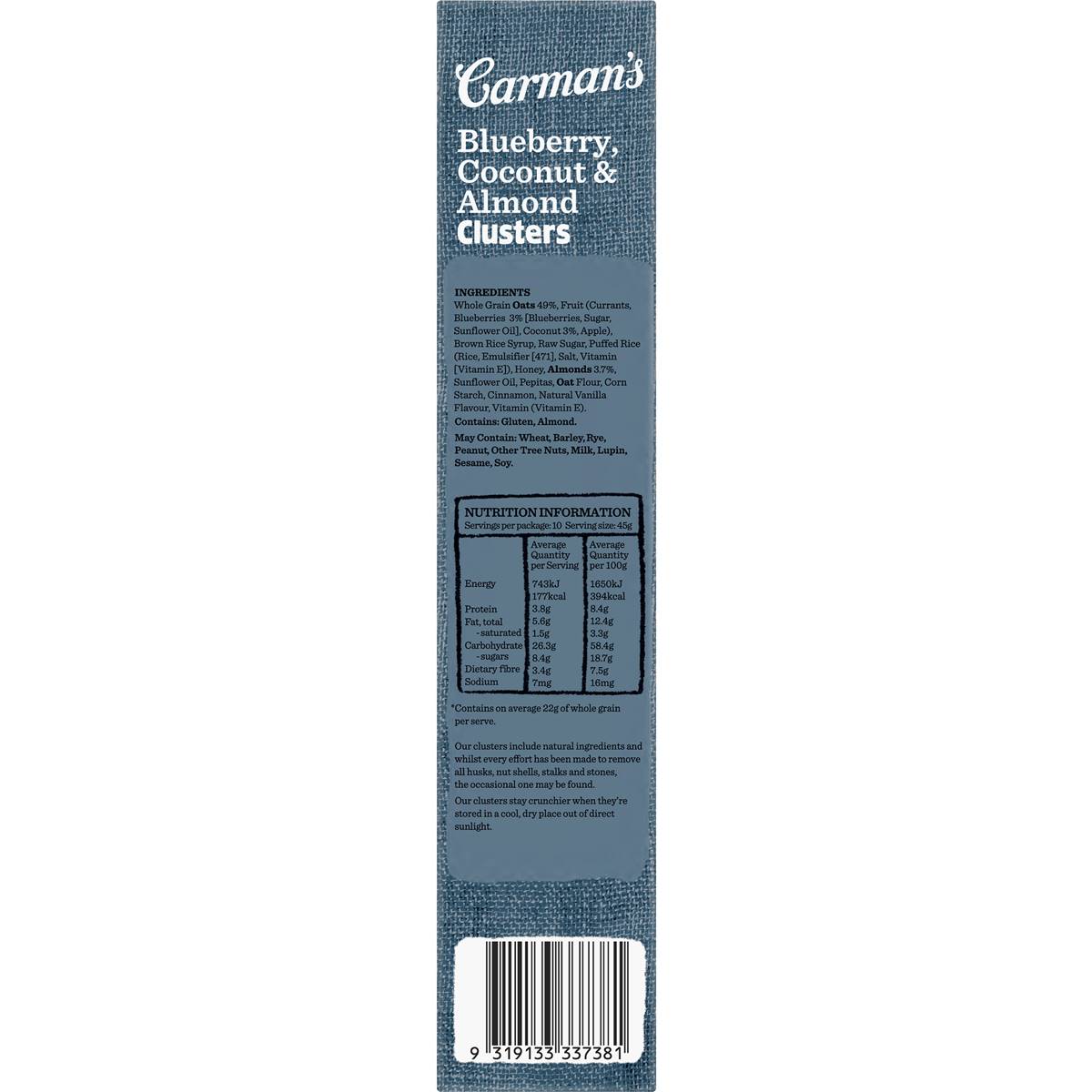 Carman's Crunchy Oat Clusters Blueberry, Coconut & Almond 450g | Woolworths