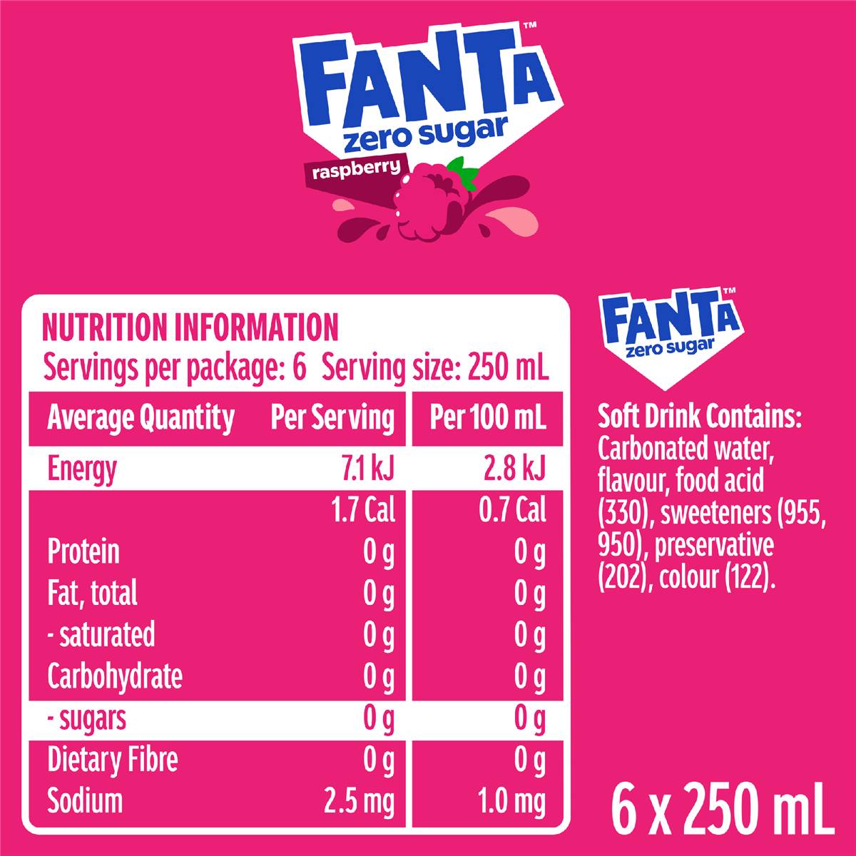 Fanta Raspberry Zero Sugar Soft Drink Mini Cans 250ml X 6 Pack | Woolworths