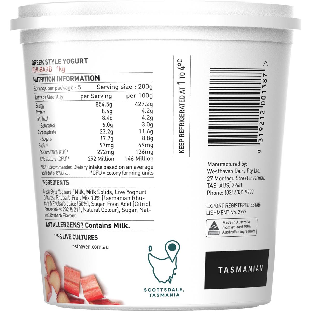 Westhaven Natural Yoghurt With Rhubarb Compote 1kg Woolworths