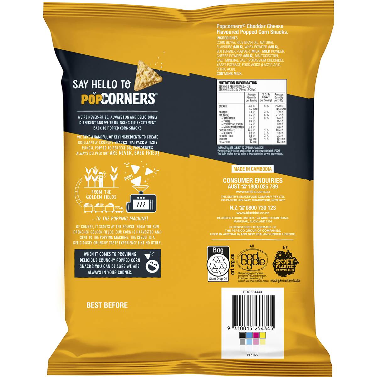 Popcorners Cheddar Cheese Flavoured Popped Corn Snacks 85g Woolworths