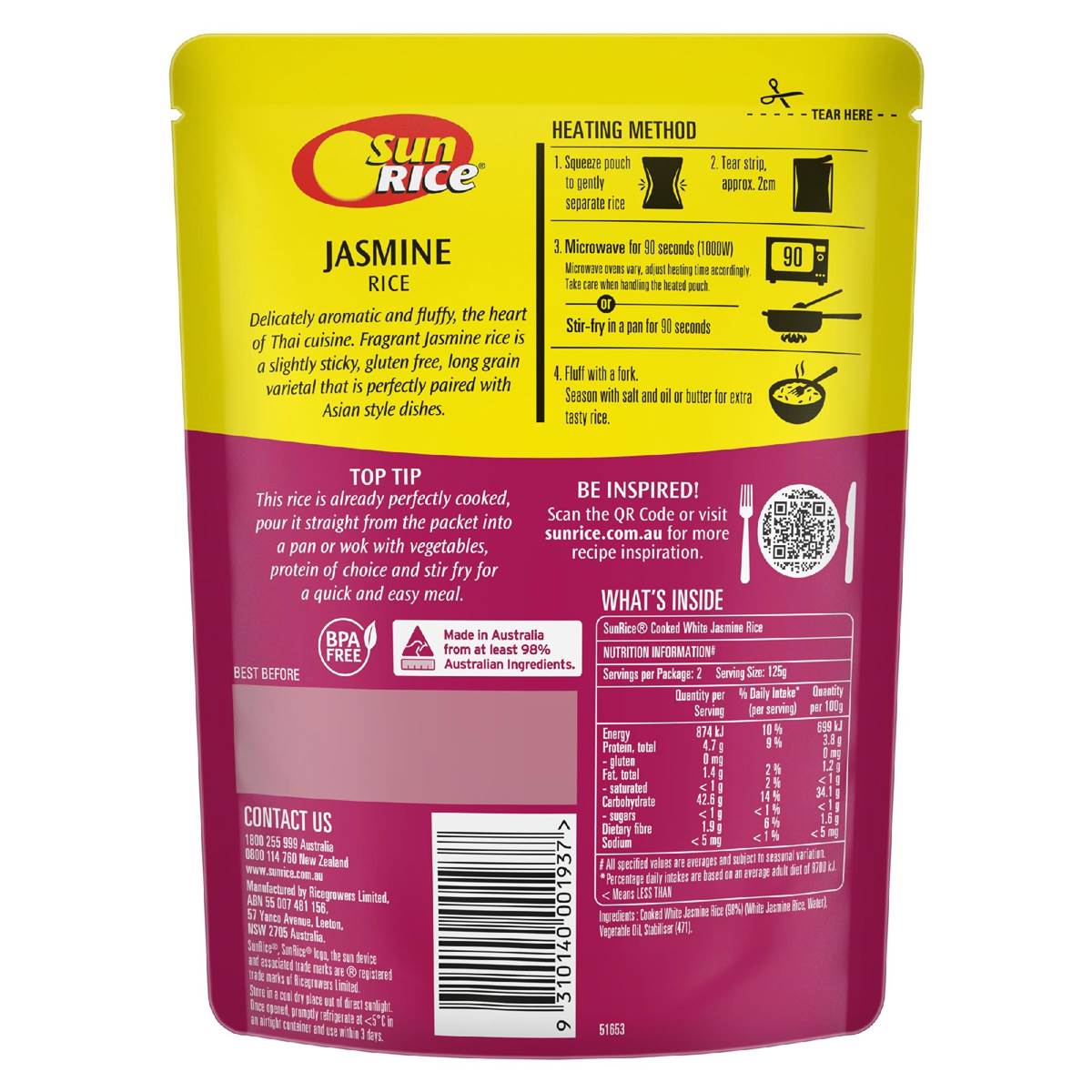 Sunrice Microwave Jasmine Rice Pouch 250g Woolworths