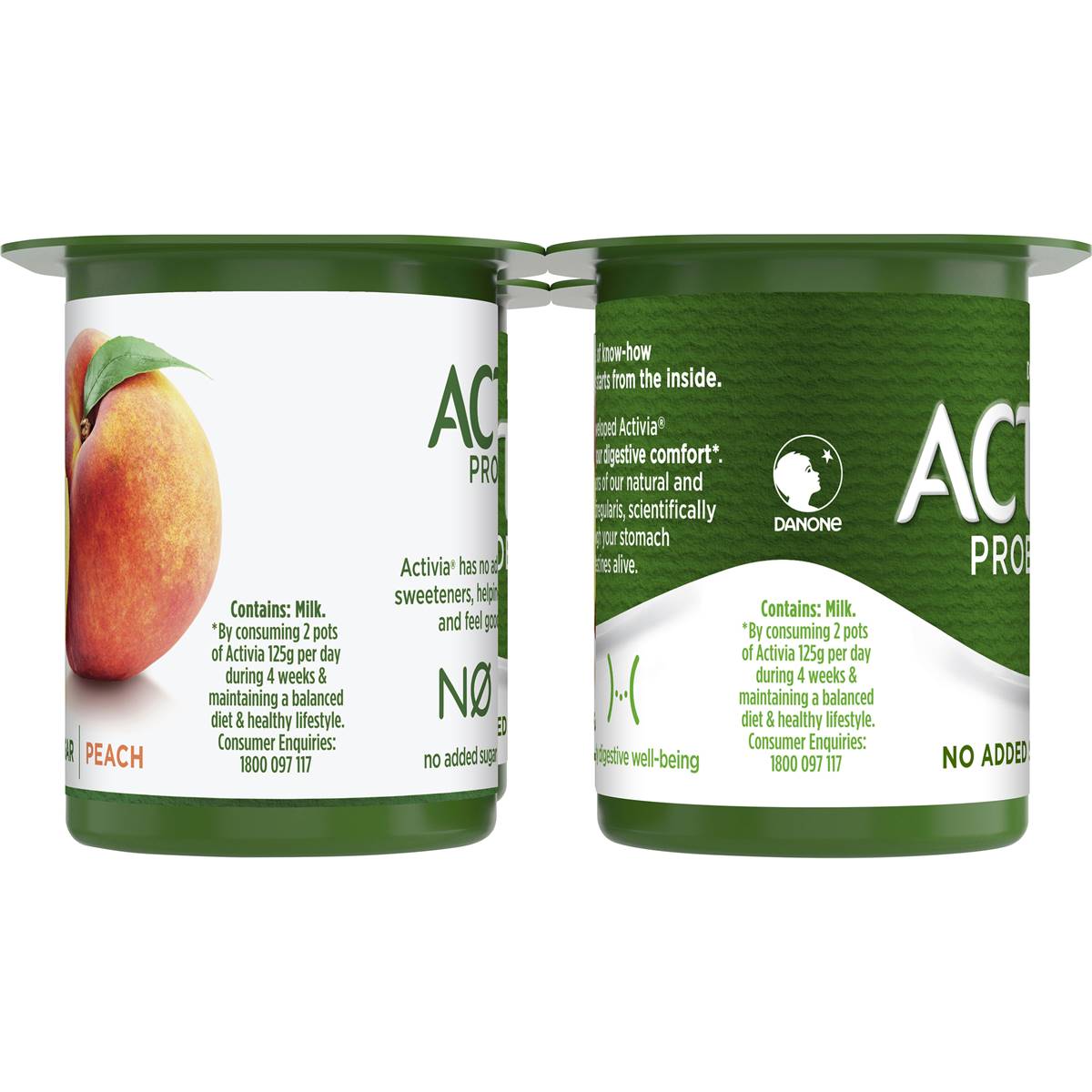 Activia Danone Probiotic Yoghurt No Added Sugar Peach 125g X 4 Pack