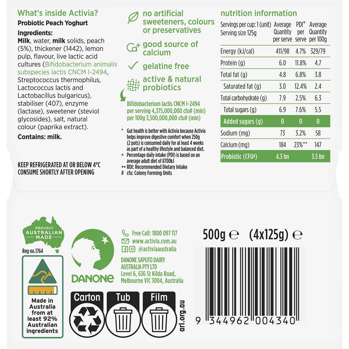 Activia Danone Probiotic Yoghurt No Added Sugar Peach 125g X 4 Pack