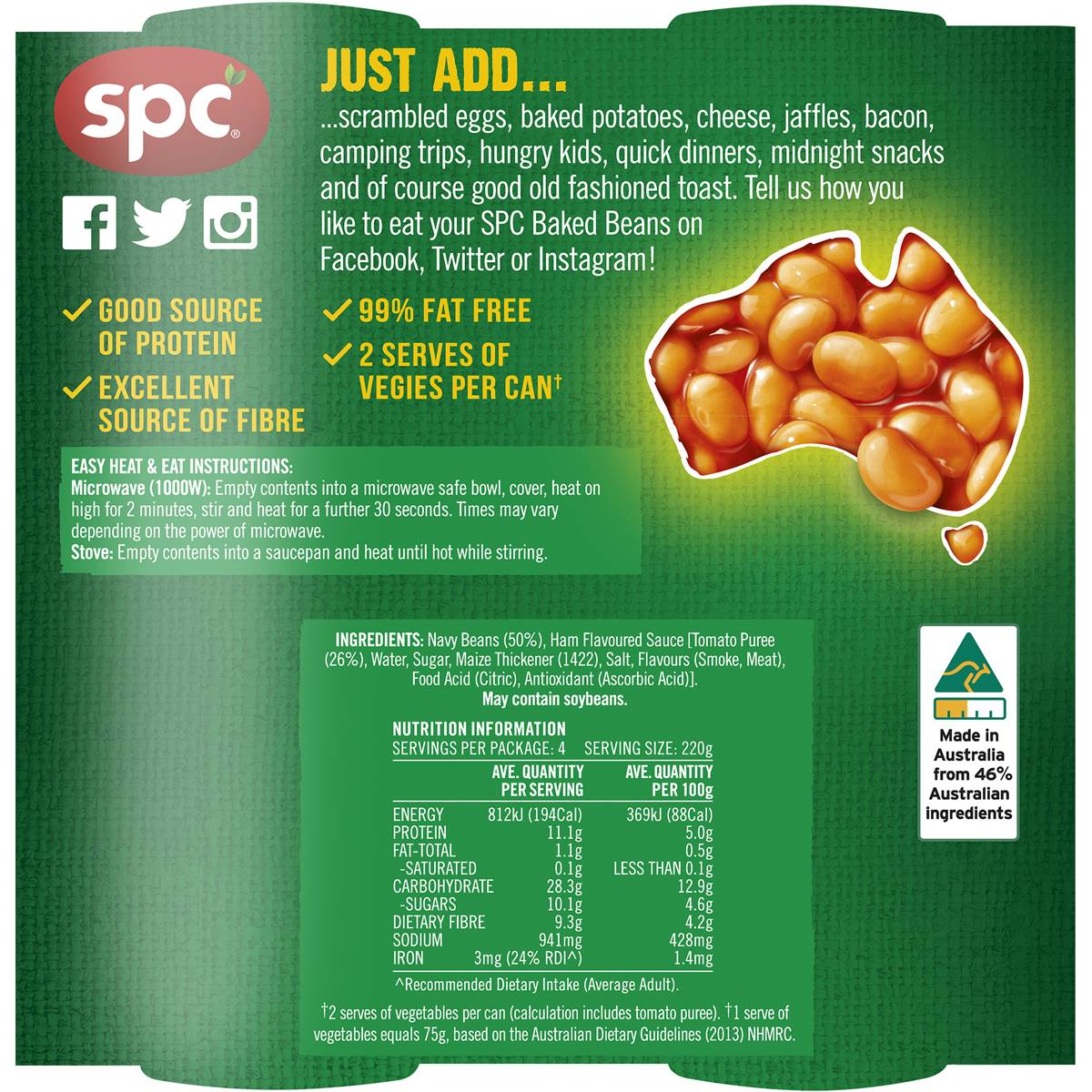Spc Baked Beans Ham Flavour 4 X 220g Woolworths