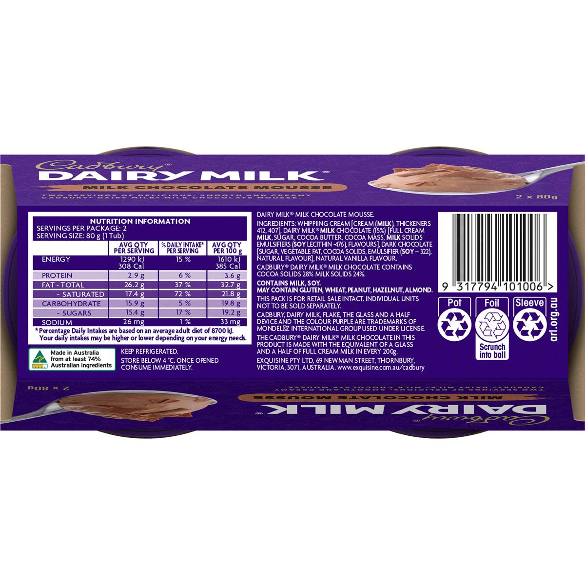 Cadbury Dairy Milk Chocolate Mousse 80g X 2 Pack Woolworths