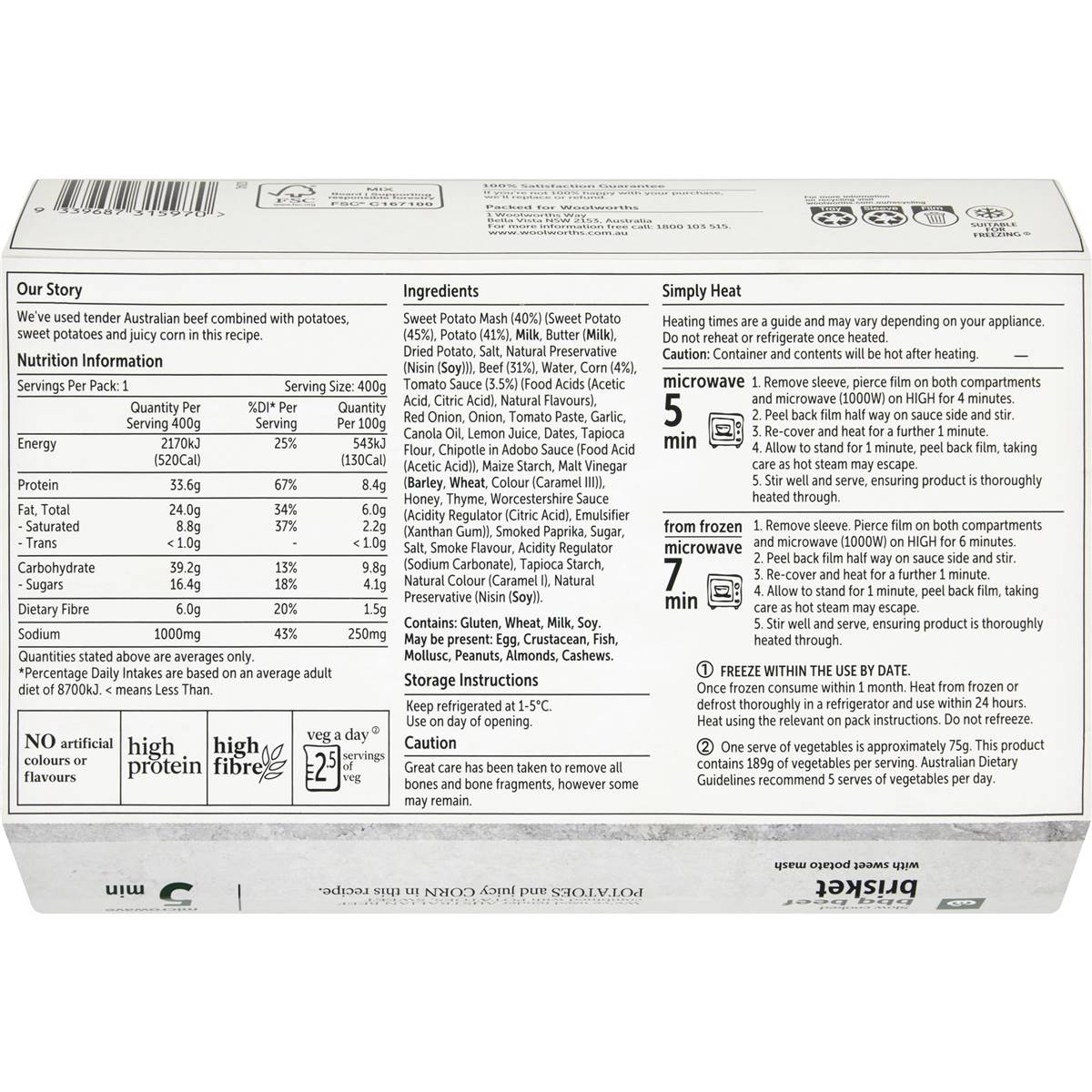 Woolworths Slow Cooked Bbq Beef Brisket With Sweet Potato Mash 400g