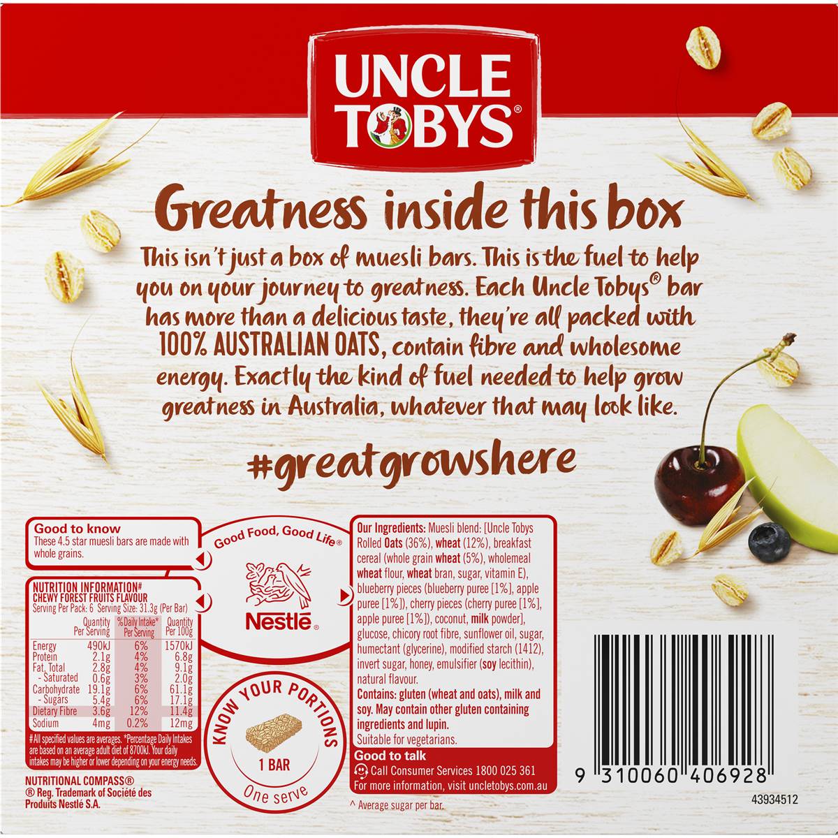 Uncle Tobys Muesli Bars Chewy Forest Fruits 6 Pack Woolworths