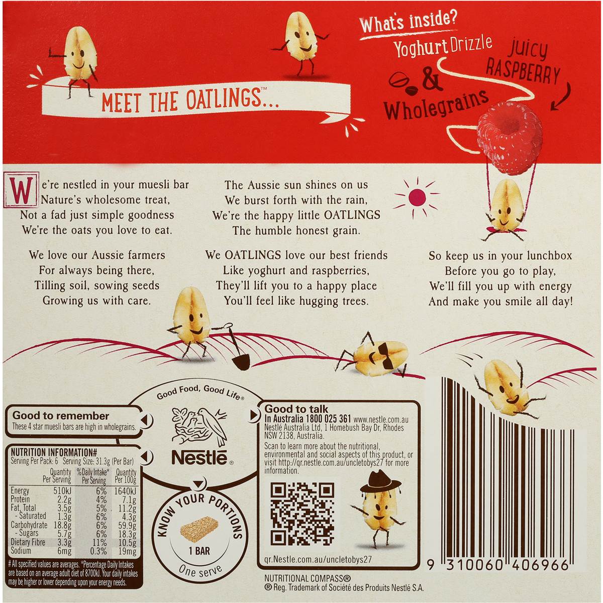 Uncle Tobys Muesli Bars Yoghurt & Raspberry 6pk 185g Woolworths