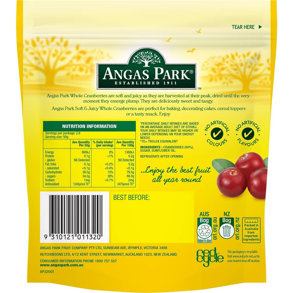 Angas Park Soft & Juicy Whole Cranberries 140g Woolworths