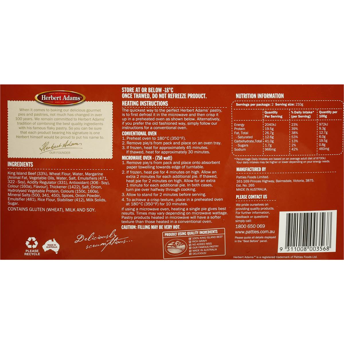 Herbert Adams Pies King Island Beef 2pk 420g Woolworths