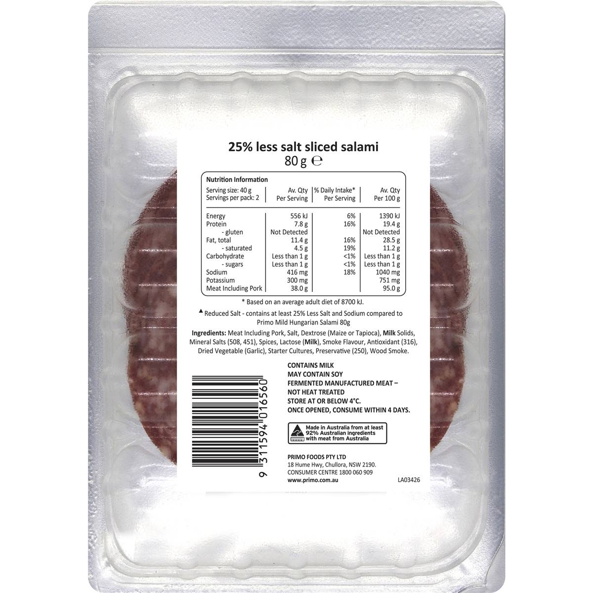Primo Mild Salami Sliced Salt Reduced 80g Woolworths
