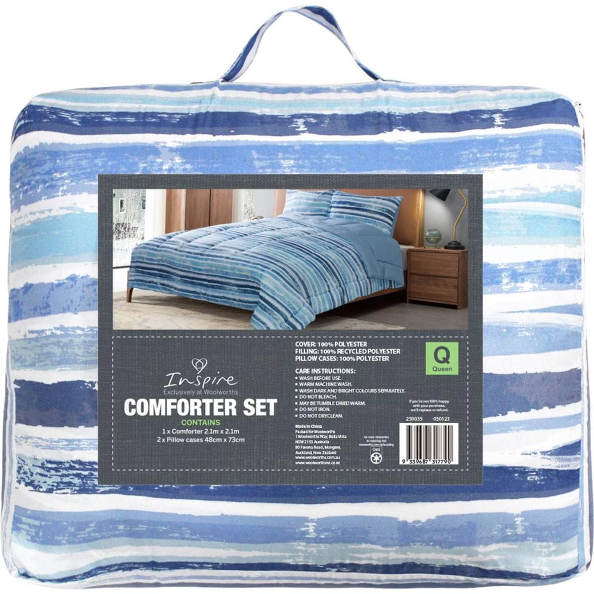 Inspire Comforter Set Queen Bed Blue Stripes Each Woolworths