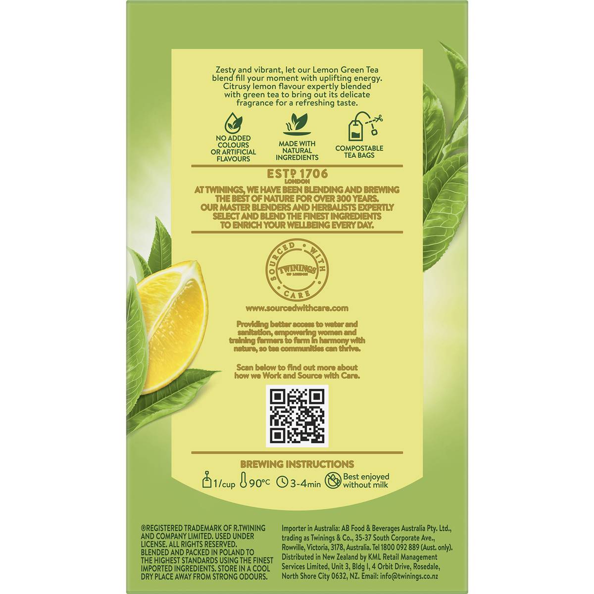Twinings Green Tea With Lemon Tea Bags 50pk 100g | Woolworths
