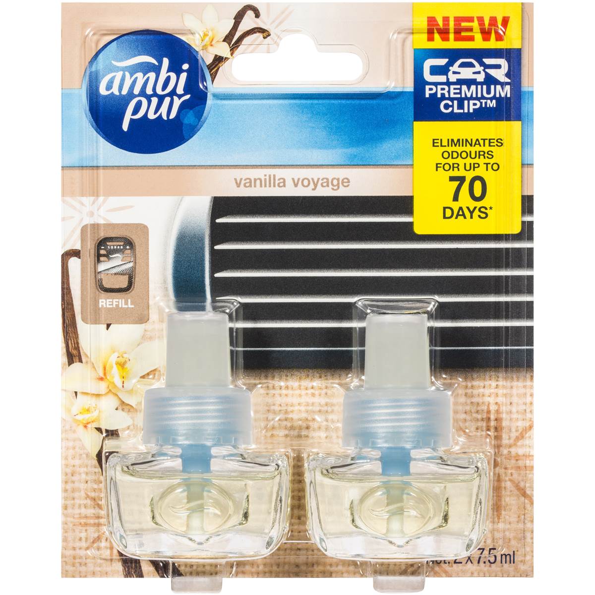 Ambi Pur Car Premium Clip Air Freshener Refill Vanilla Voyage 2x7.5ml