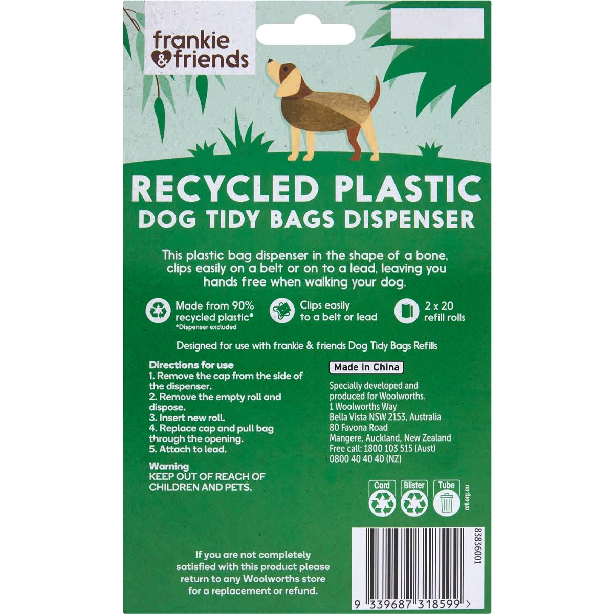 Frankie & Friends Recycled Plastic Dog Tidy Bags With Dispenser 2 X 20