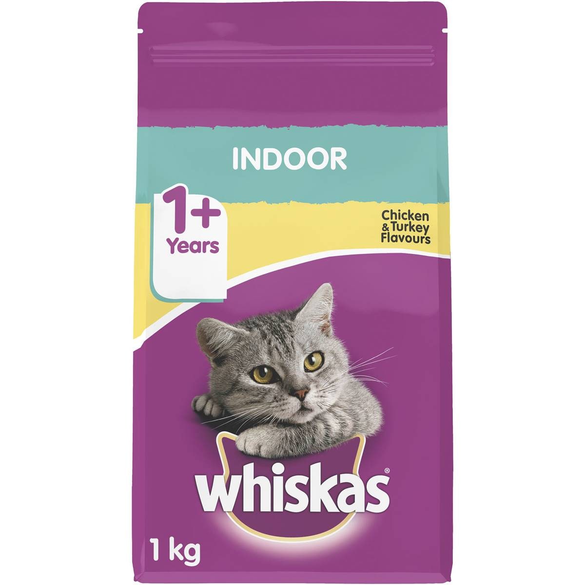Whiskas 1+ Years Indoor Dry Cat Food Chicken & Turkey Flavour 1kg