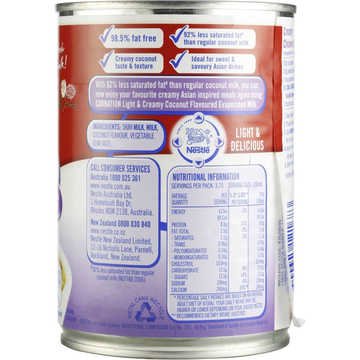 Carnation Light & Creamy Evaporated Milk Coconut Flavoured 375ml