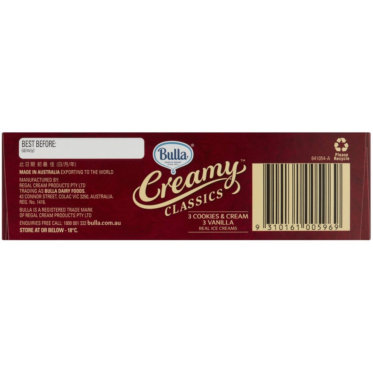 Bulla Creamy Classics Ice Cream Cookies & Cream Vanilla 6 Pack Woolworths
