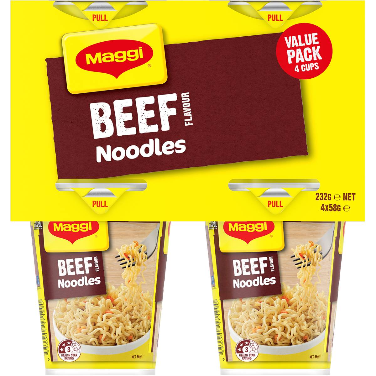 Maggi Beef Flavour Cup Instant Noodles 4 Pack | Woolworths