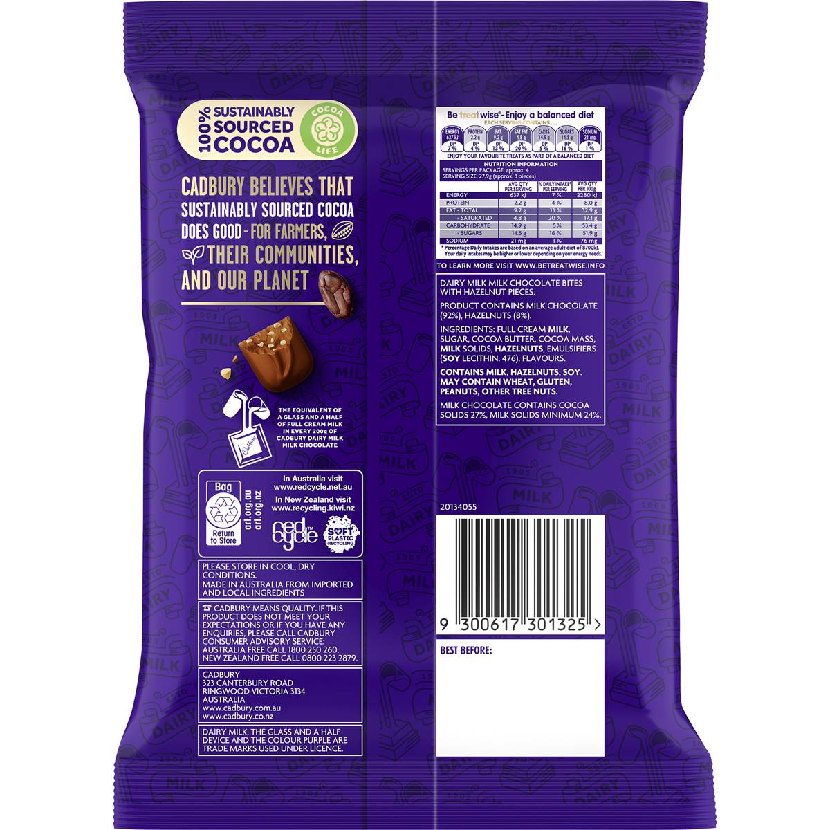 Cadbury Dairy Milk Hazelnut Chocolate Bites Snack & Share Bag 130g