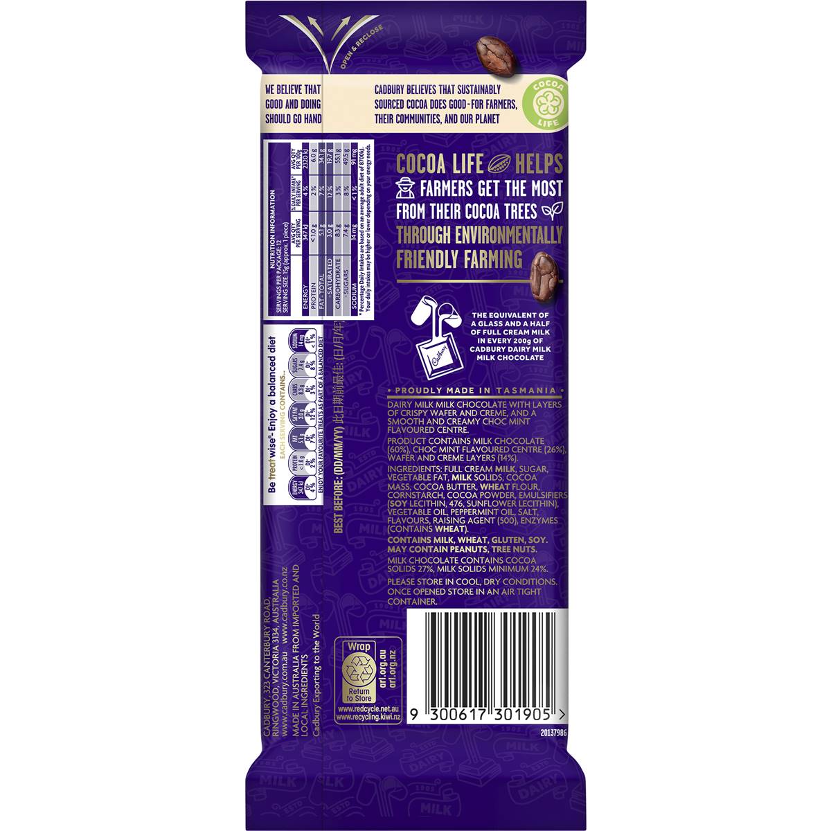 Cadbury Dairy Milk Breakaway Mint Chocolate Block 180g Woolworths