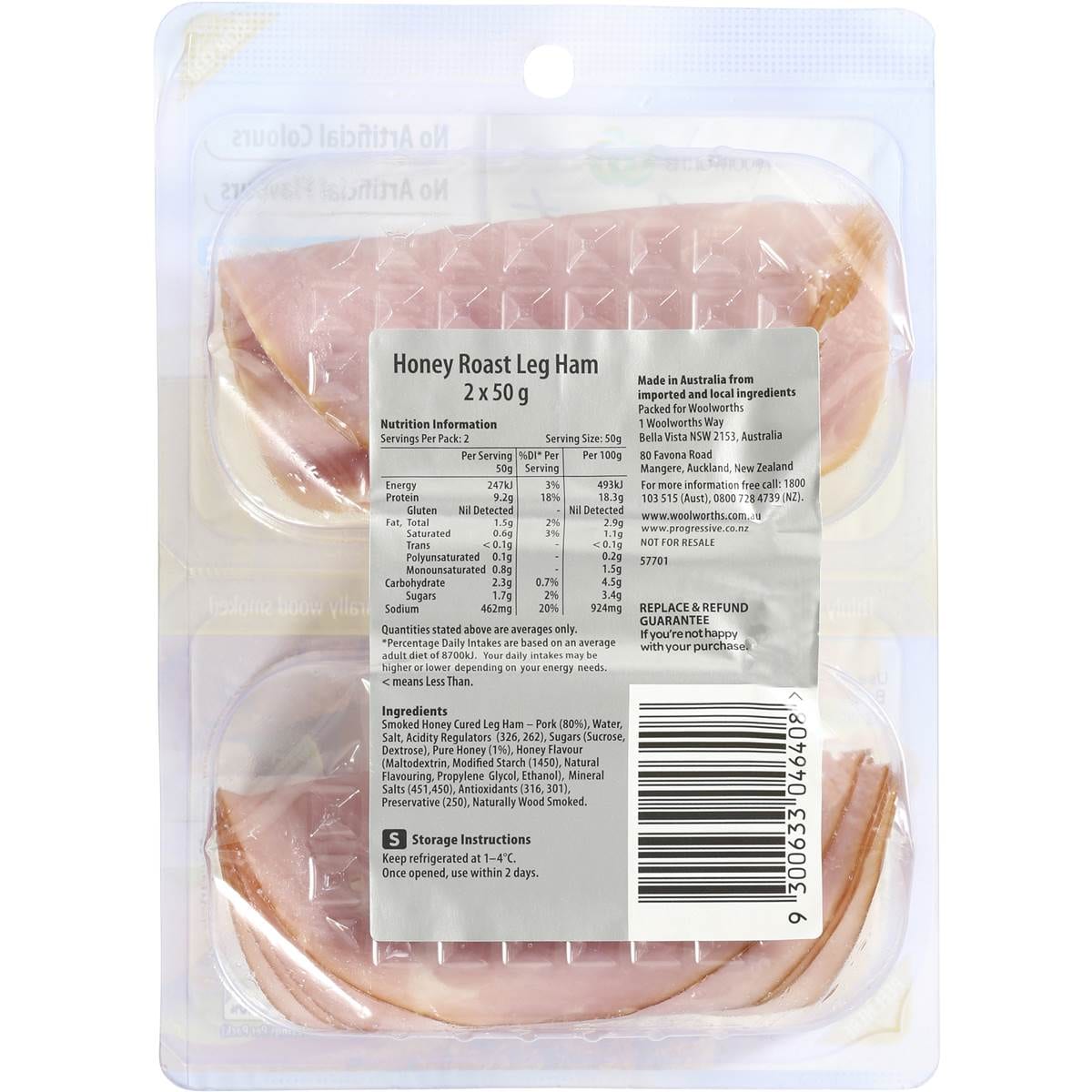 Woolworths Select Ham Leg Honey Roast Sliced Ff 2x50g Woolworths
