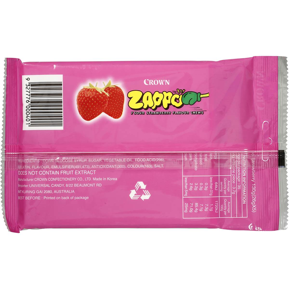 Zappo Fruit Chews Strawberry 5pk 130g Woolworths