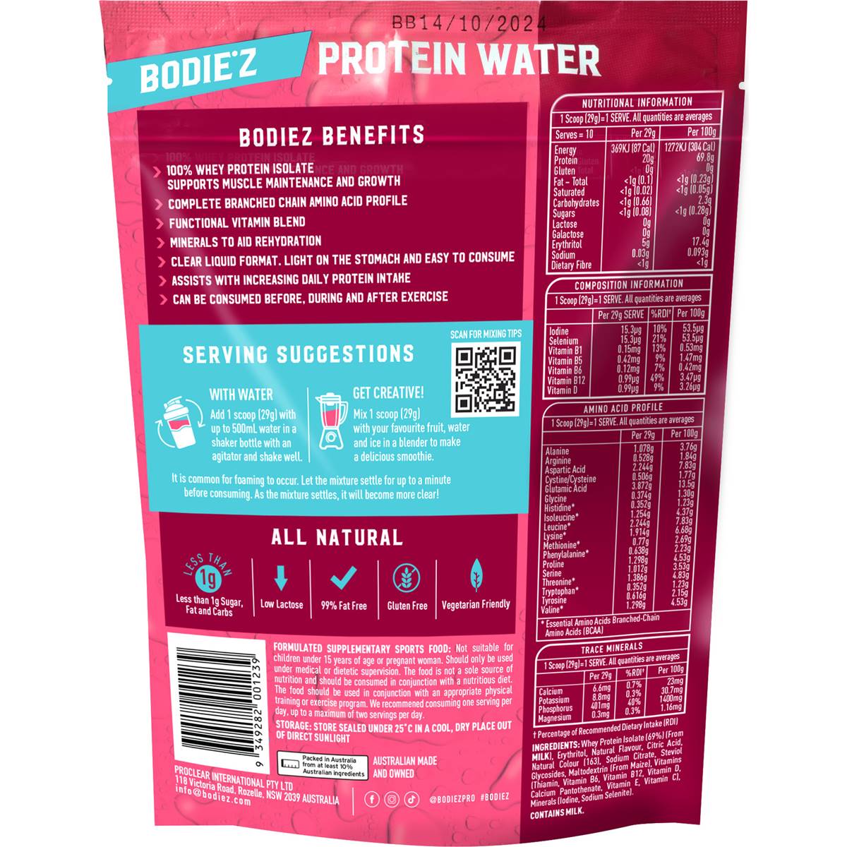 Bodiez Protein Water Powder Mixed Berry 290g Woolworths