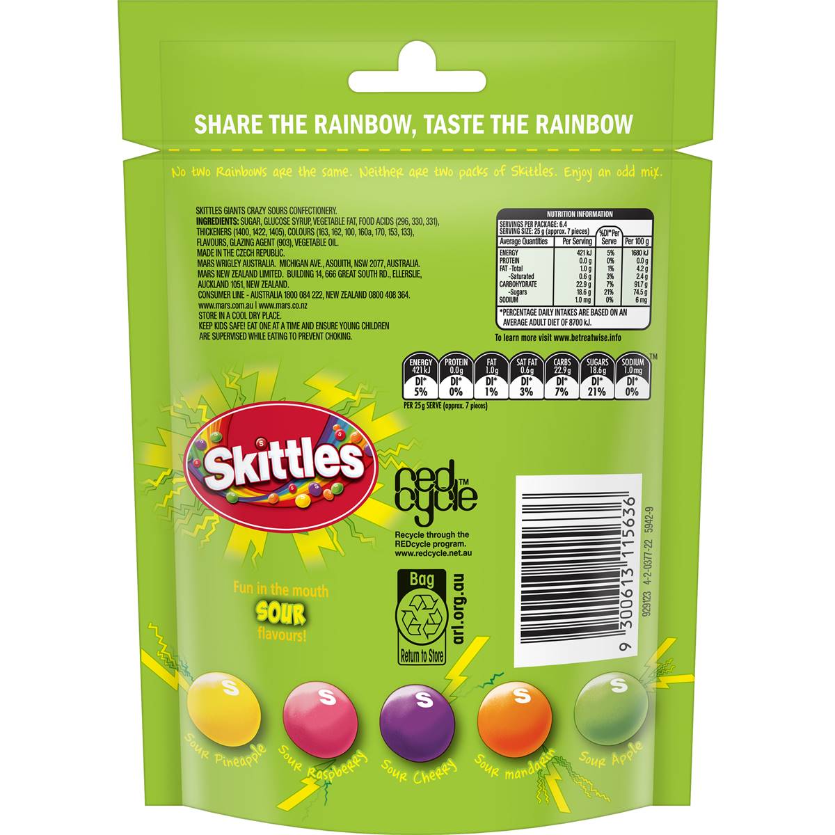 Skittles Giants Sour Chewy Lollies Share Bag 160g Woolworths