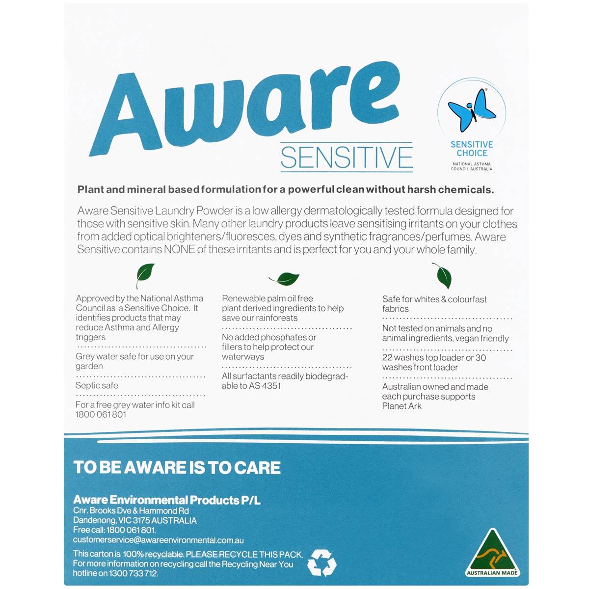 Aware Sensitive Top & Front Loader Laundry Powder 1.5kg Woolworths