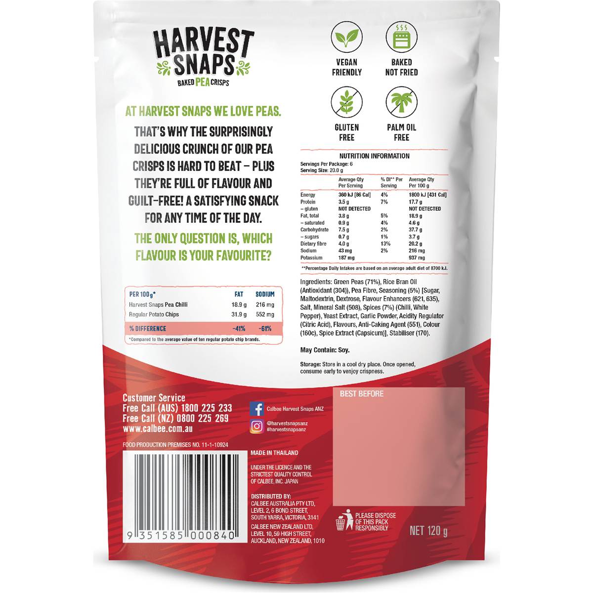 Calbee Harvest Snaps Baked Pea Crisps Chilli 120g Woolworths