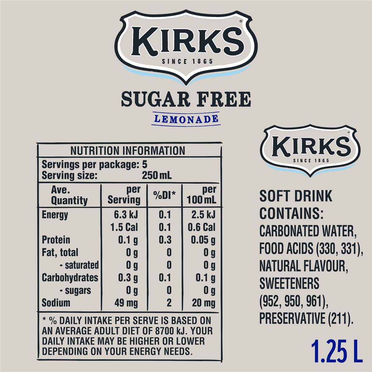 Kirks Sugar Free Lemonade Soft Drink Bottle 1.25l Woolworths