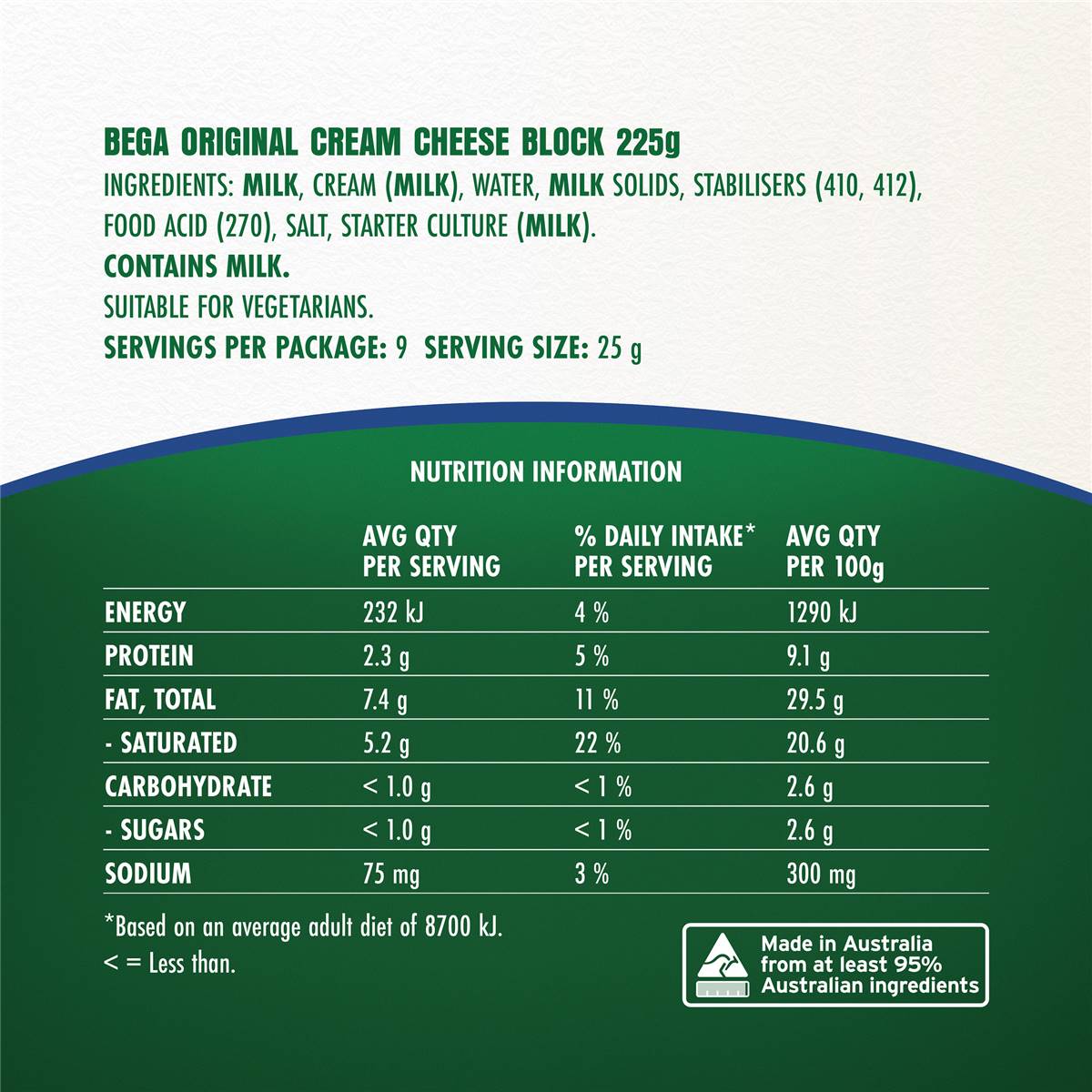 Bega Original Cream Cheese Block 225g Woolworths