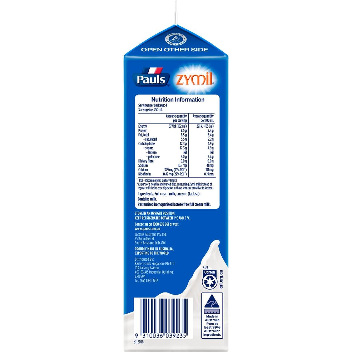 Pauls Zymil Lactose Free Full Cream Milk 1l Woolworths