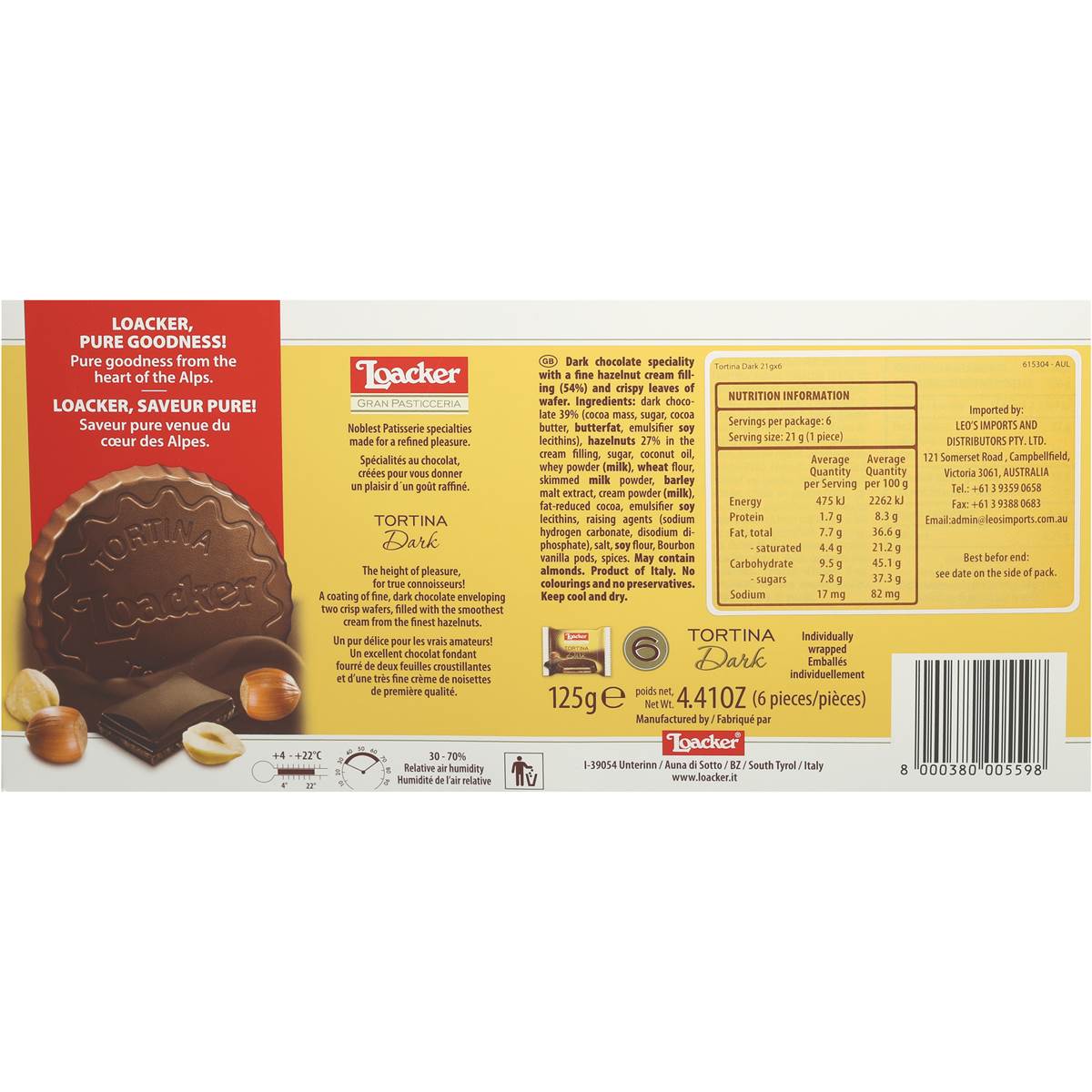 Loacker Wafers Dark Chocolate Tortina 125g Woolworths