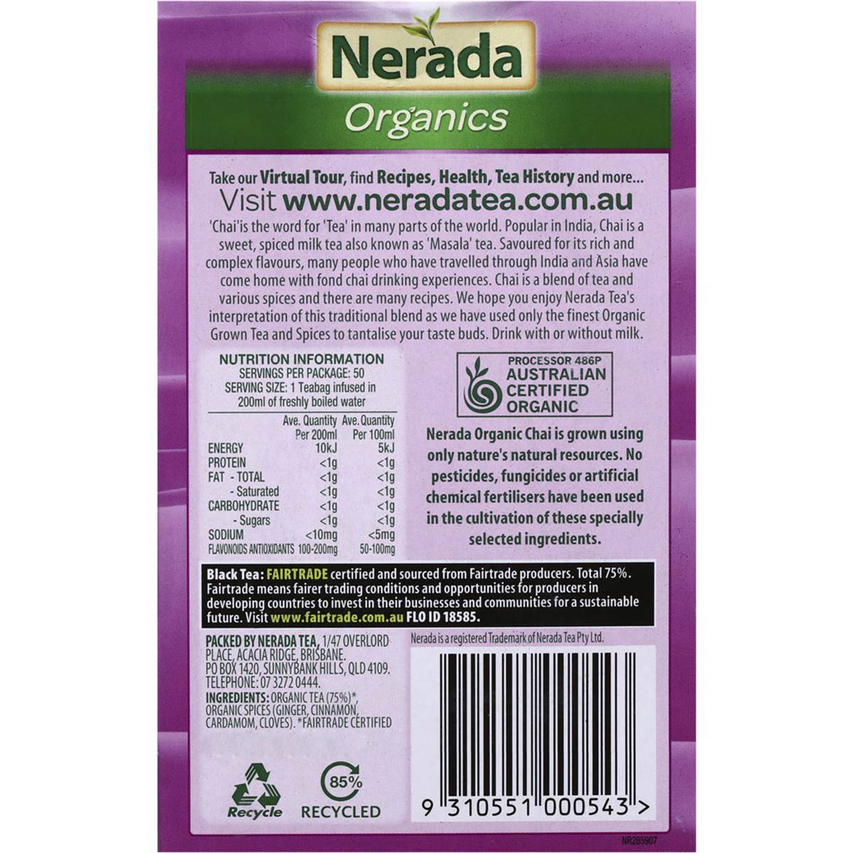 Nerada Organic Chai Tea 50 Pack 93g | Woolworths