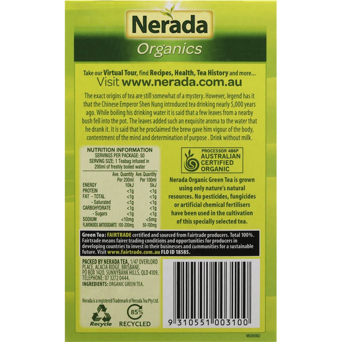 Nerada Organic Green Tea Bags 50 Pack 75g Woolworths