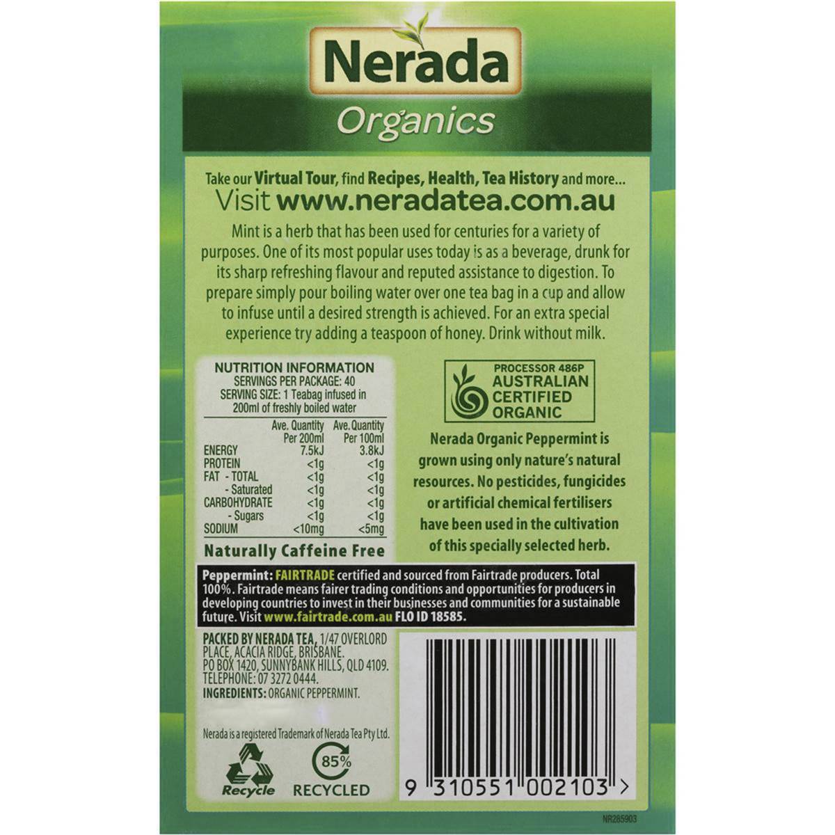 Nerada Organic Peppermint Tea Bags 40 Pack 60g | Woolworths