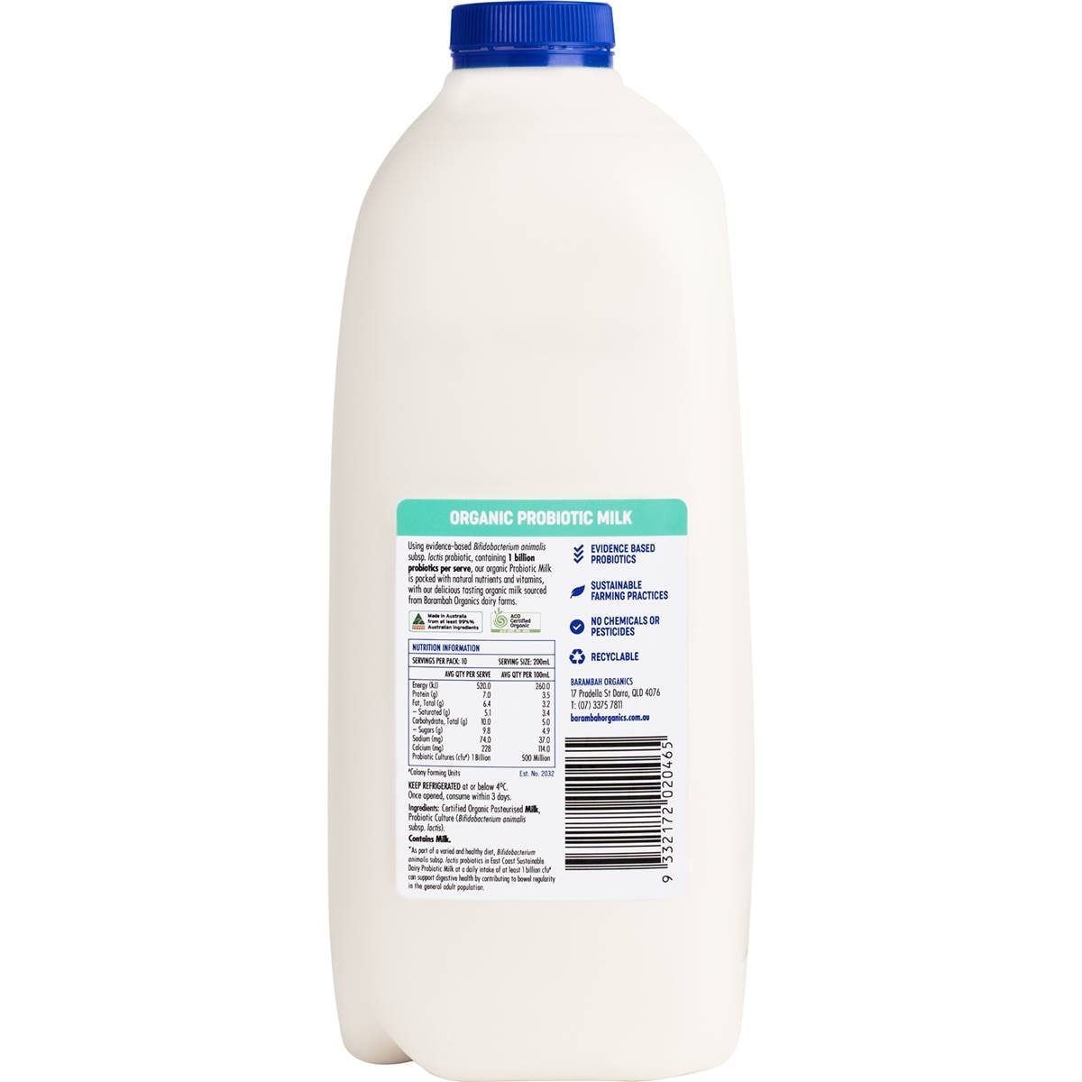 Barambah Organics Probiotic Full Cream Organic Milk 2l Woolworths
