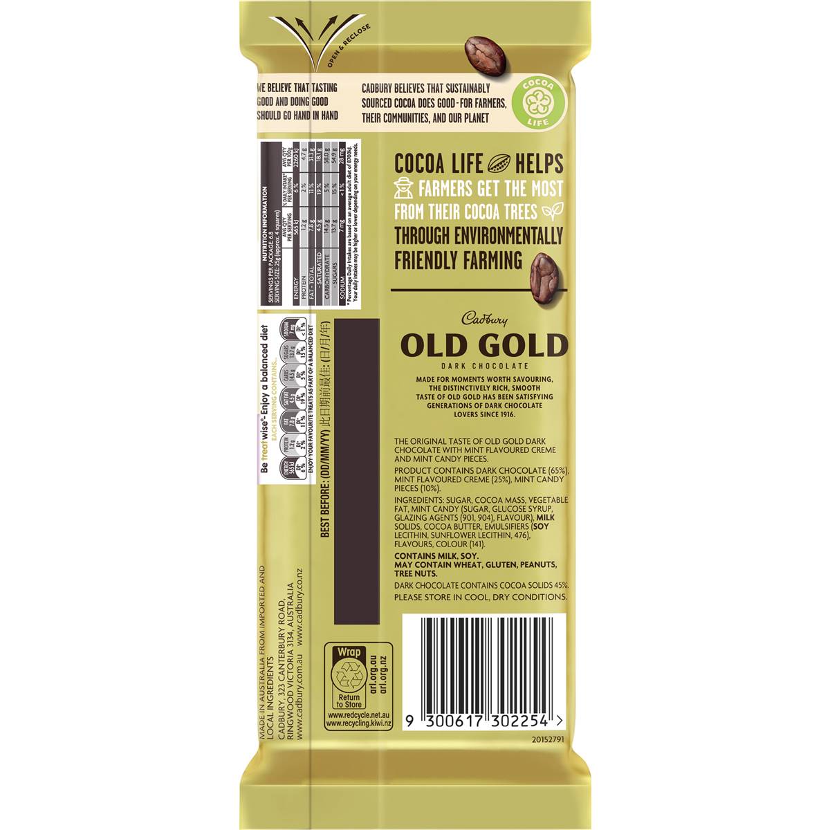 Cadbury Old Gold Mint Crème Slices Dark Chocolate Block 170g Woolworths