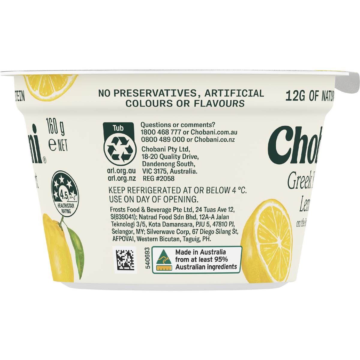 Chobani Greek Yogurt Lemon 160g Woolworths