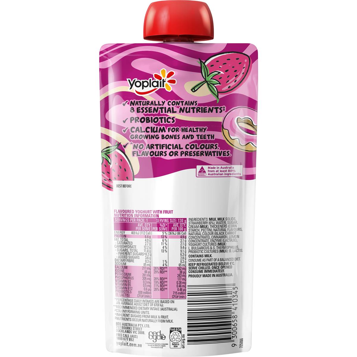 Yoplait Yop Strawberry Jam Donut Flavoured Yoghurt 130g Woolworths