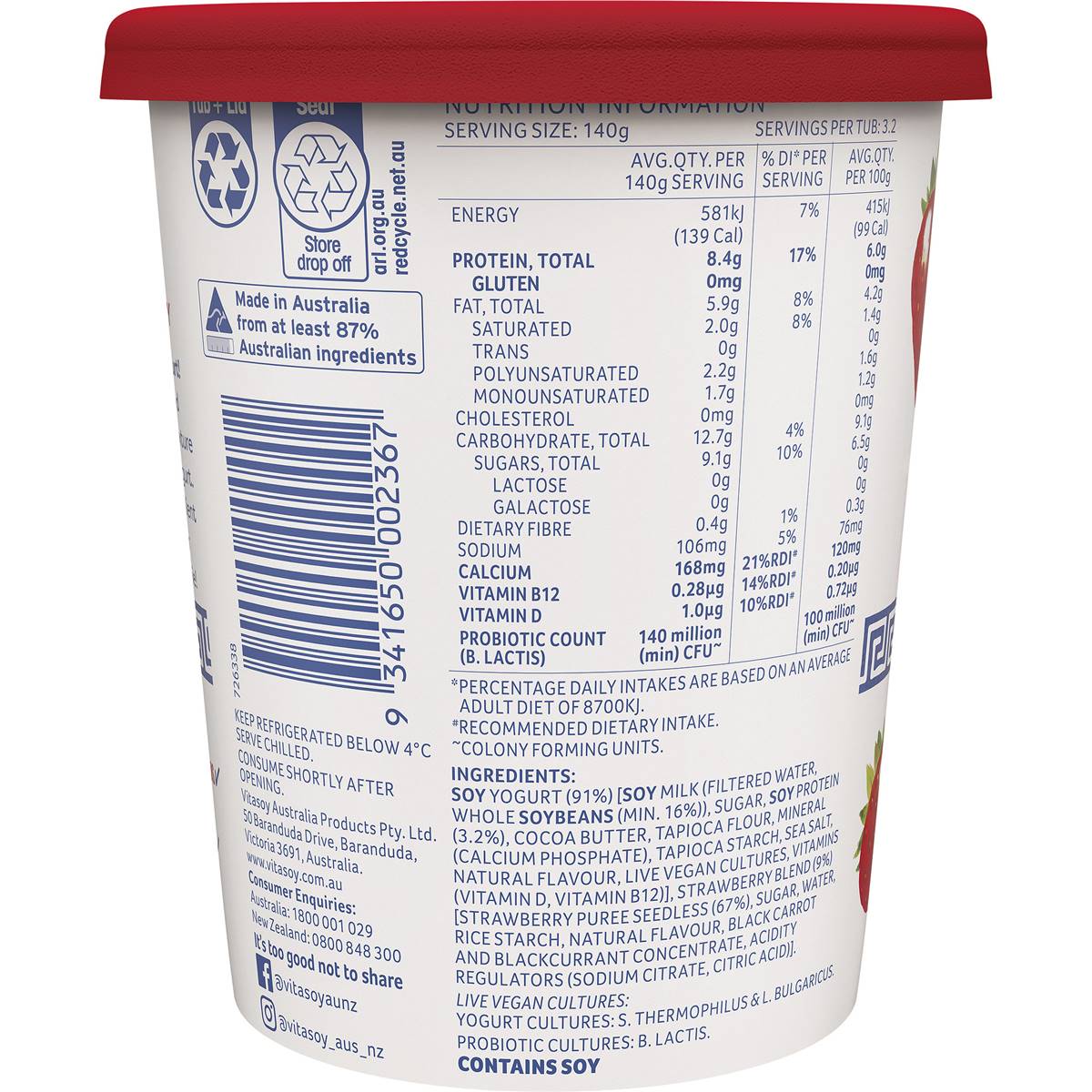 Vitasoy Greek Style Soy Yogurt Hint Of Strawberry 450g Woolworths 2360