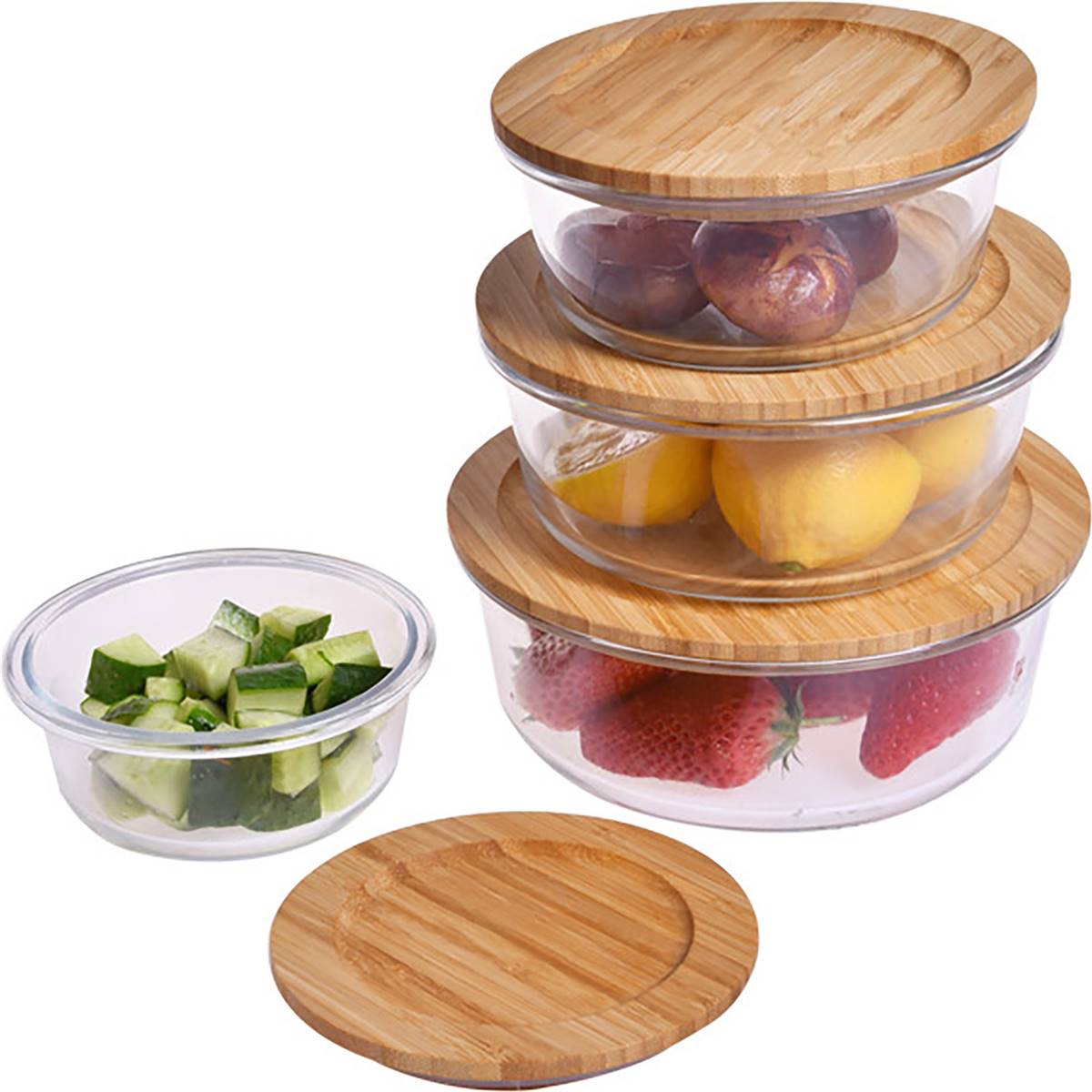 Kate's Kitchen Round Glass Food Container With Bamboo Lid 400ml Each