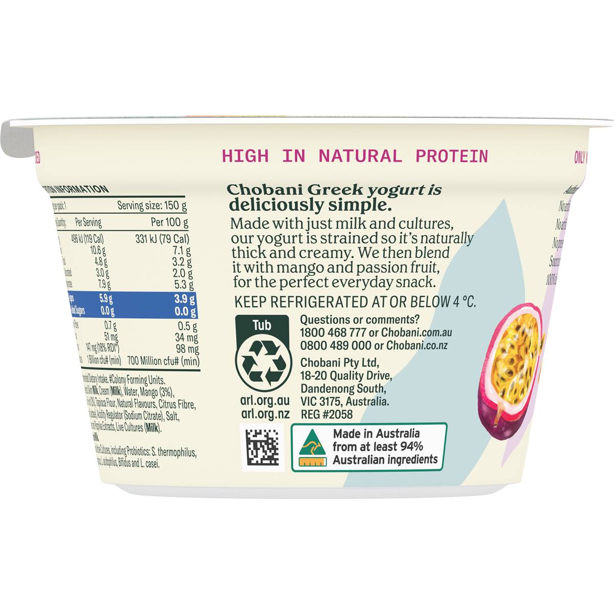 Chobani No Sugar Added Greek Yogurt Mango Passion Fruit 150g Woolworths