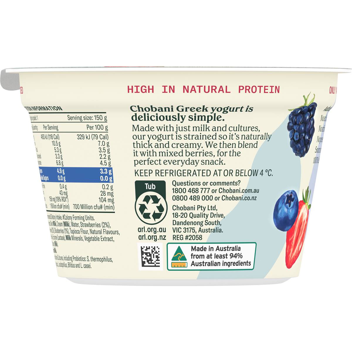 Chobani No Sugar Added Greek Yogurt Mixed Berry 150g Woolworths