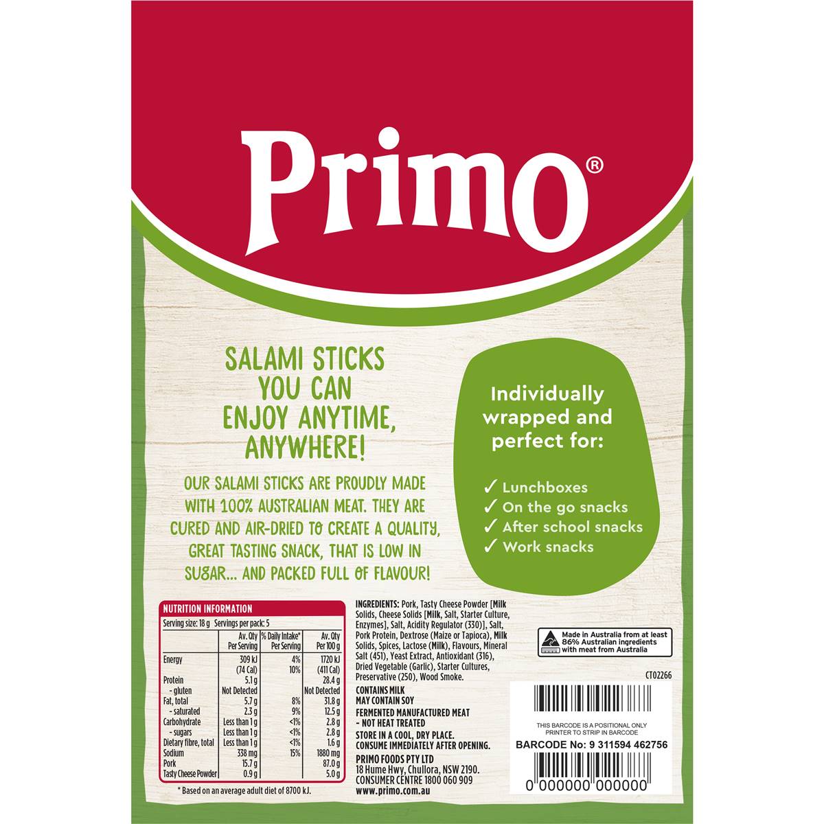 Primo Air Dried Salami Sticks Cheese Flavour 5 Pack Woolworths