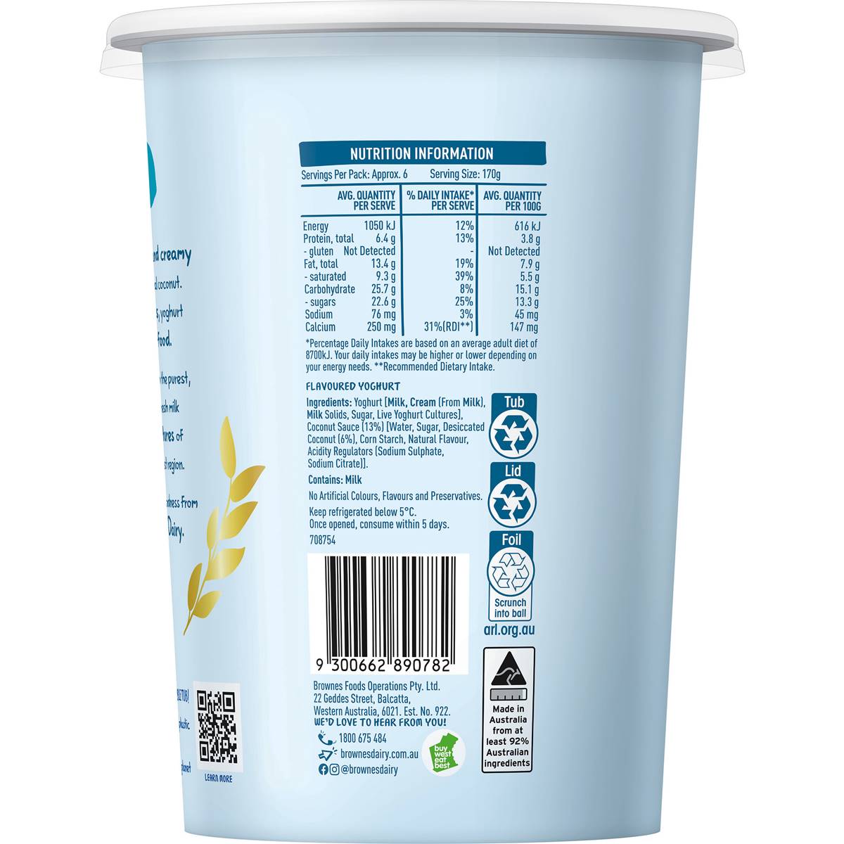 Brownes Natural Coconut Yoghurt 1kg | Woolworths