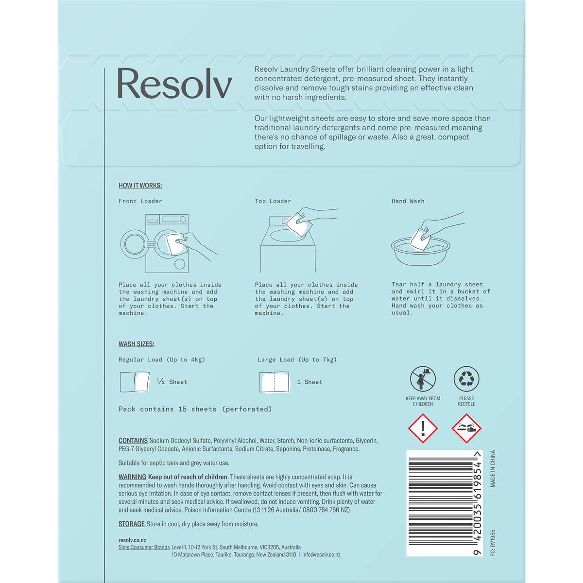 Resolv Dissolvable Laundry Sheets Fresh Ocean 15 Pack Woolworths
