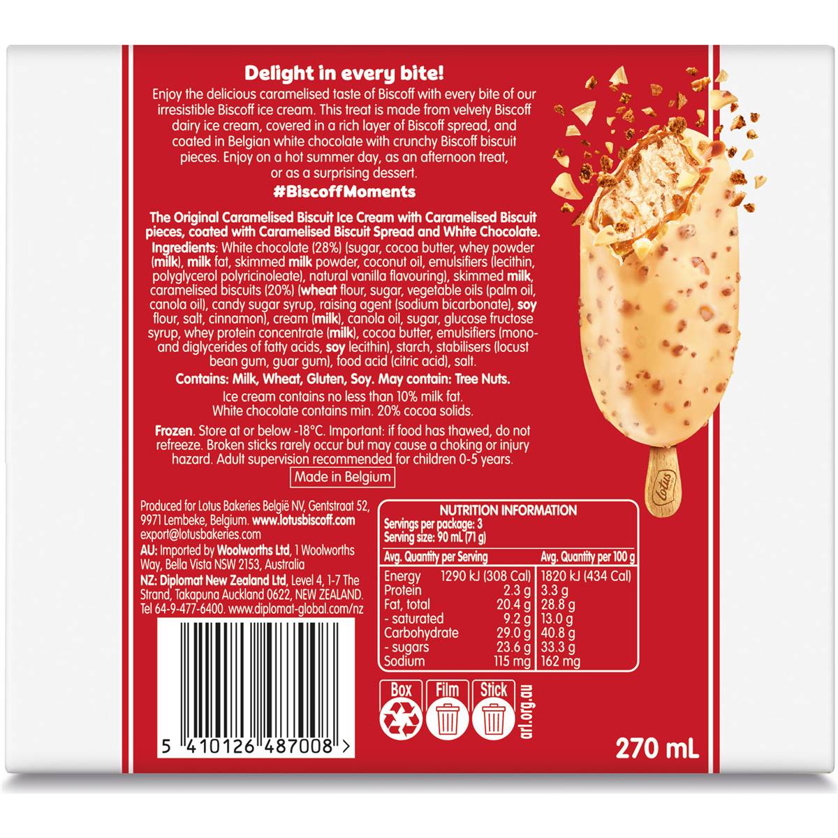 Lotus Biscoff White Chocolate Ice Cream Sticks 3 Pack Woolworths